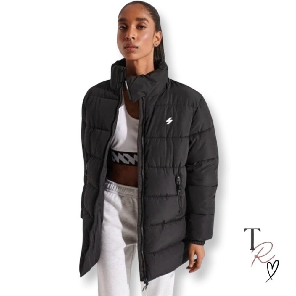 Superdry Women’s Longline Black Sports Puffer Coat Jacket Size US 8